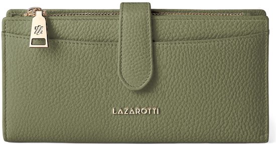 Groene lederen Lazarotti portemonnee met drukknoopsluiting, ritssluiting en goudkleurig logo.