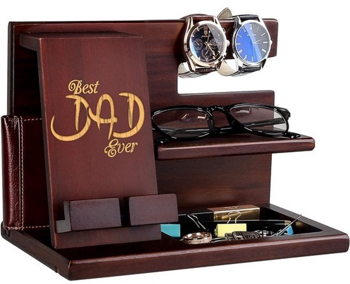 Houten Telefoon Docking Station voor Oplaadkabels - Personaliseerbaar Cadeau voor Vaders - Best Dad Ever - Ideale Verjaardag, Kerst en Vaderdag Geschenk