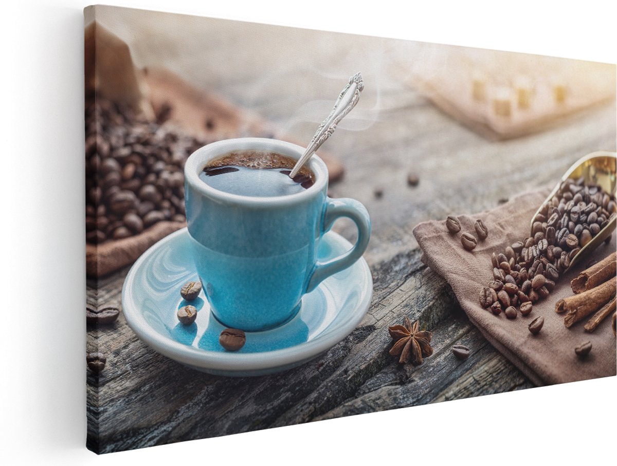 Artaza Canvas Schilderij Blauw Kopje Koffie Met Koffiebonen - 160x80 cm - Groot - Wanddecoratie Woonkamer - Schilderijen - Muurdecoratie