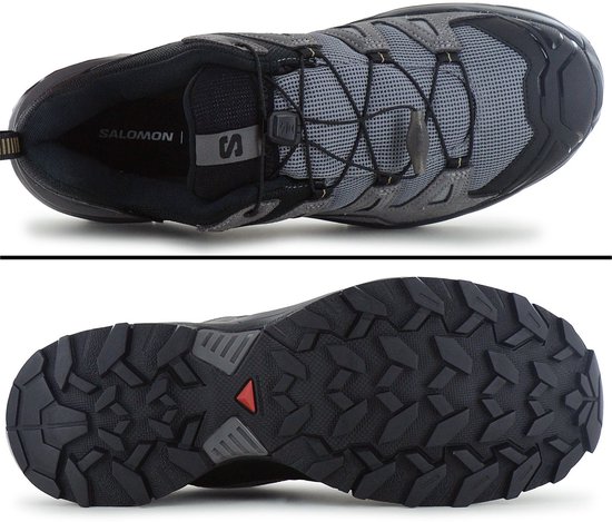 Bovenaanzicht en onderaanzicht van grijze Salomon X ULTRA 360 wandelschoen, met profielzool.