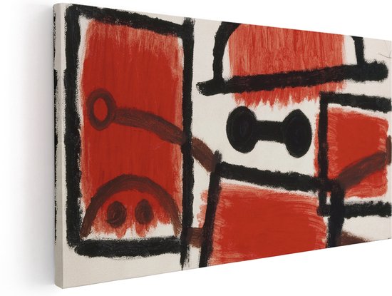 Abstract schilderij met rode en zwarte blokken en lijnen. Zwarte cirkels en een halve cirkel onder twee kleine cirkels.