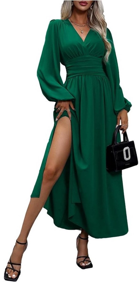 Elegante Dames Maxi Jurk met V-hals, Plissé Taille en Lange Split - Herfst Winter