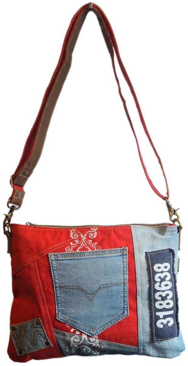Sunsa-Tas-Denim-Canvas-Leer-gerecyclede jeans-3183638-dames-heren-Retro-Vintage-Streetwear-38cmx30cmx5cm-Denim/Red