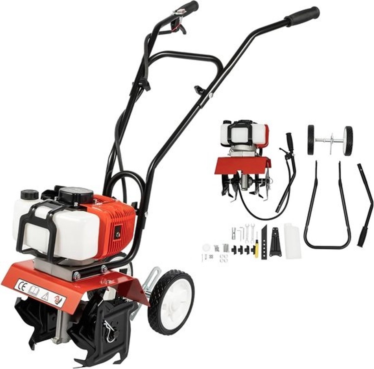 Benzine Tuinfrees - Motorhak Grondbewerker - Tuin Grond Voorbereiden - Zelfaandrijving Wielmotor - 50 x 87 cm - Zwart Rood