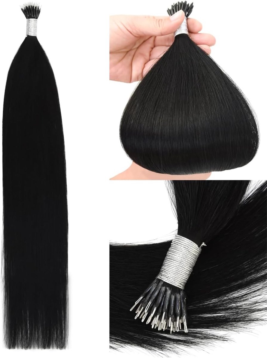 Kwalitatieve Haarverlengingen van 35 cm met Nano Ringen - Menselijk Haar, Nano Bead, Zwart (#1) - Perfect voor Volumineuze Stijl