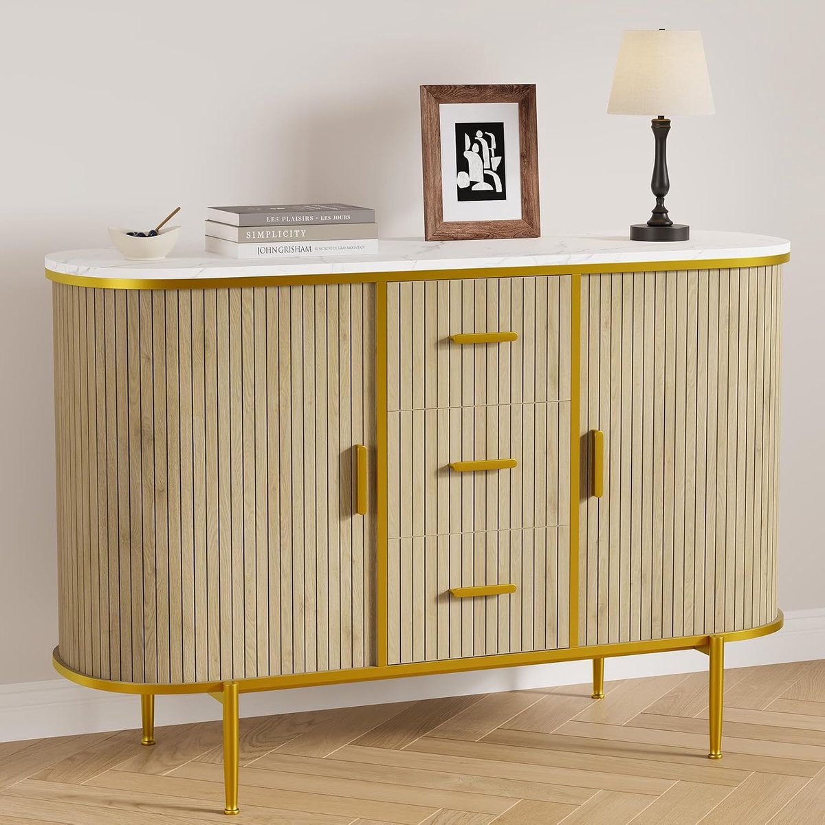 Modern Dressoir 120 cm - Luxe Buffetkast met Marmerlook Bovenblad - Mid-Century Design met Latjesdeuren - 3 Laden & 2 Schuifdeuren - Eiken/Zwart - Voor Woonkamer & Keuken