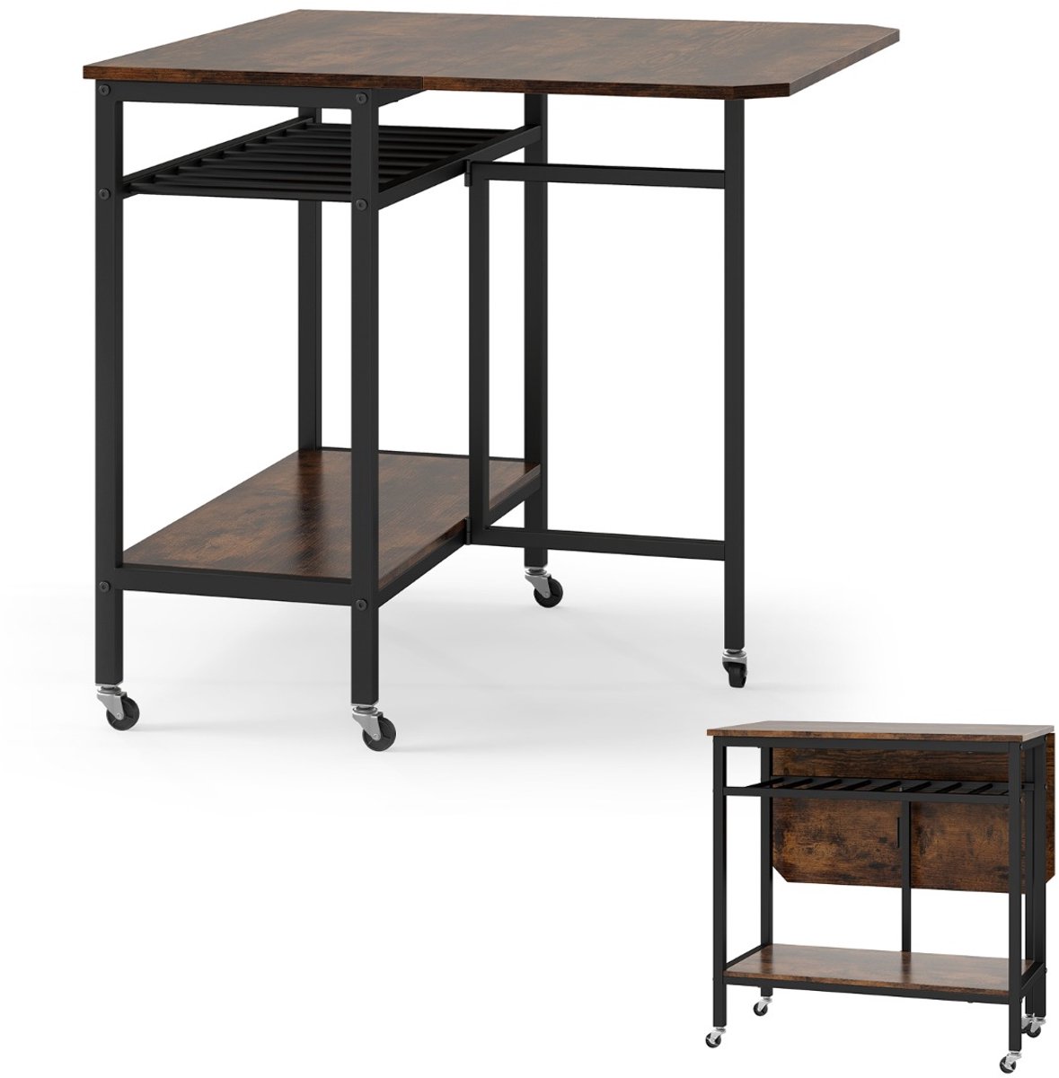 SureDeal® - Eettafel - Uitschuifbare Klaptafel - Wijnrek - Uitschuifbaar Blad Verrijdbare - Wieltjes - Opbergvakken - 75x80x75 cm - Koffiebruin