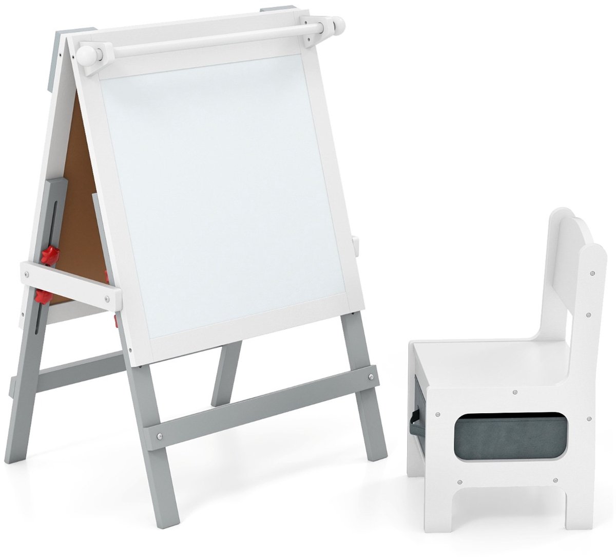 SureDeal® - Boekenkast - Kinderen Dubbelzijdige Ezel - Stoel Hoogte Verstelbare - Krijtbord - Whiteboard Grijs - Wit - 55x48x75 cm - Grijs
