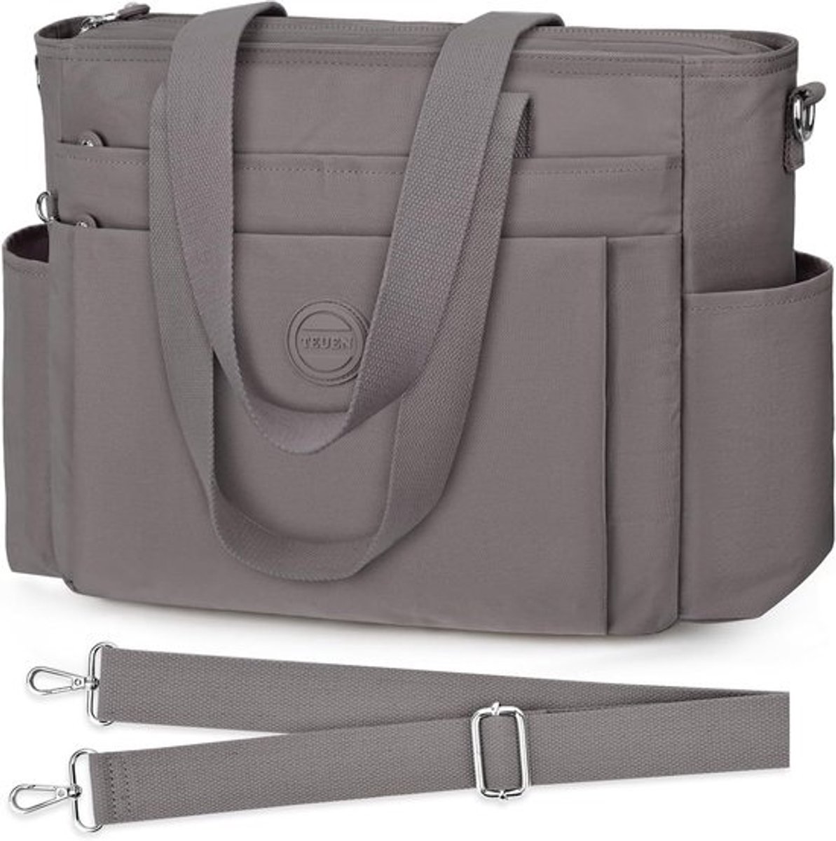 Grote lichtgewicht nylon schoudertas voor dames - multifunctionele tote bag voor werk, reizen en school - grijs