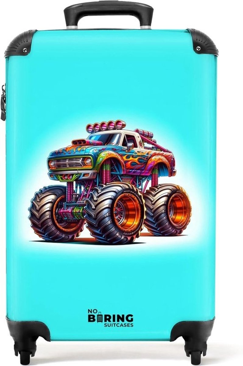 Kinderkoffer Reismodel Blauw met Stoere Monster Truck Print - Geschikt als Handbagage