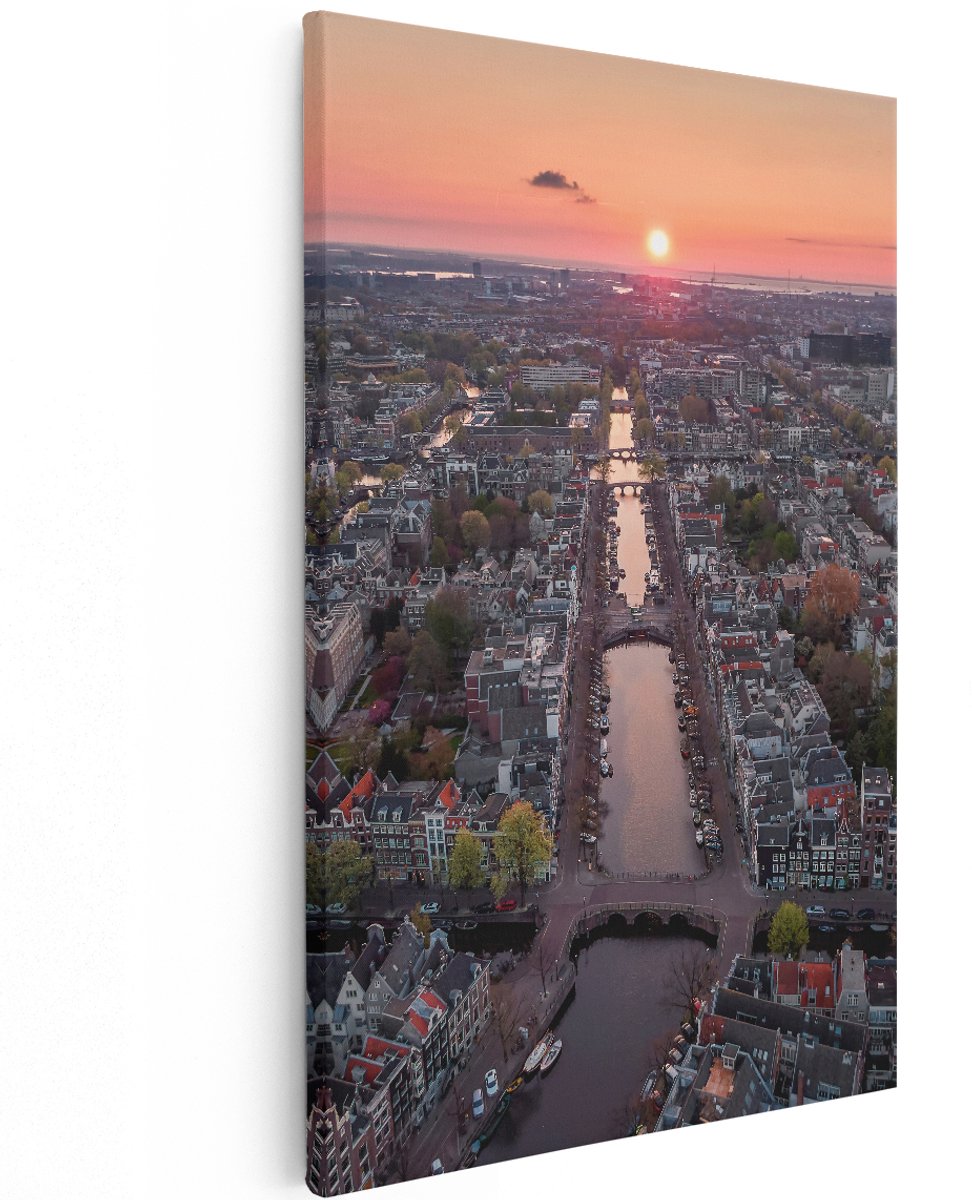 Artaza Canvas Schilderij Bovenaanzicht Amsterdam Met Zonsondergang - 120x180 cm - Groot - Wanddecoratie Woonkamer - Schilderijen - Muurdecoratie