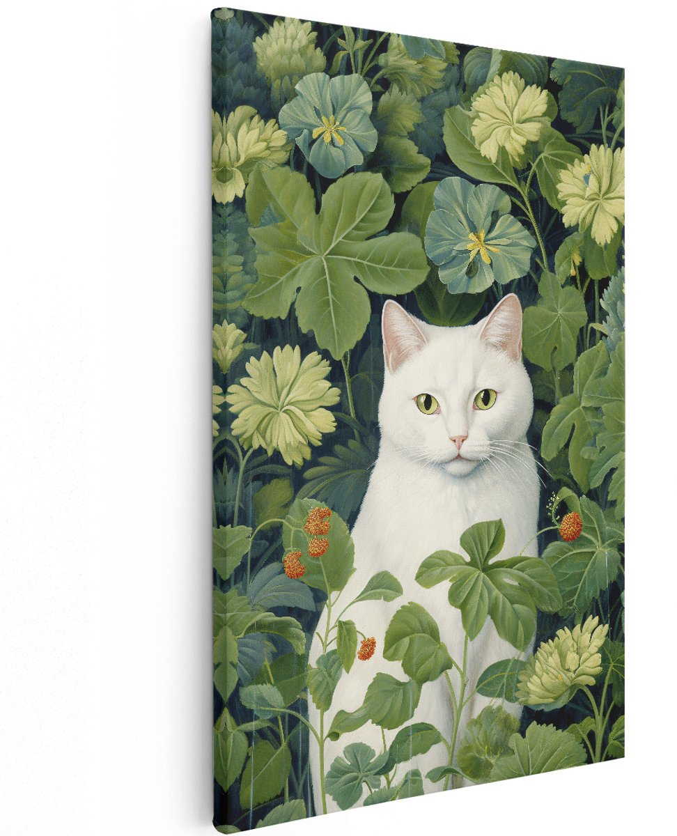 Artaza Canvas Schilderij Witte Kat tussen de Groene Planten - 120x180 cm - Groot - Wanddecoratie Woonkamer - Schilderijen - Muurdecoratie