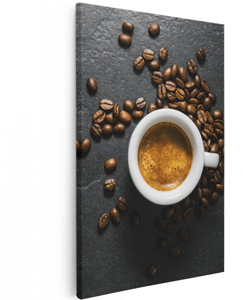 Artaza Canvas Schilderij Kopje Koffie Met Koffiebonen - 120x180 cm - Groot - Wanddecoratie Woonkamer - Schilderijen - Muurdecoratie