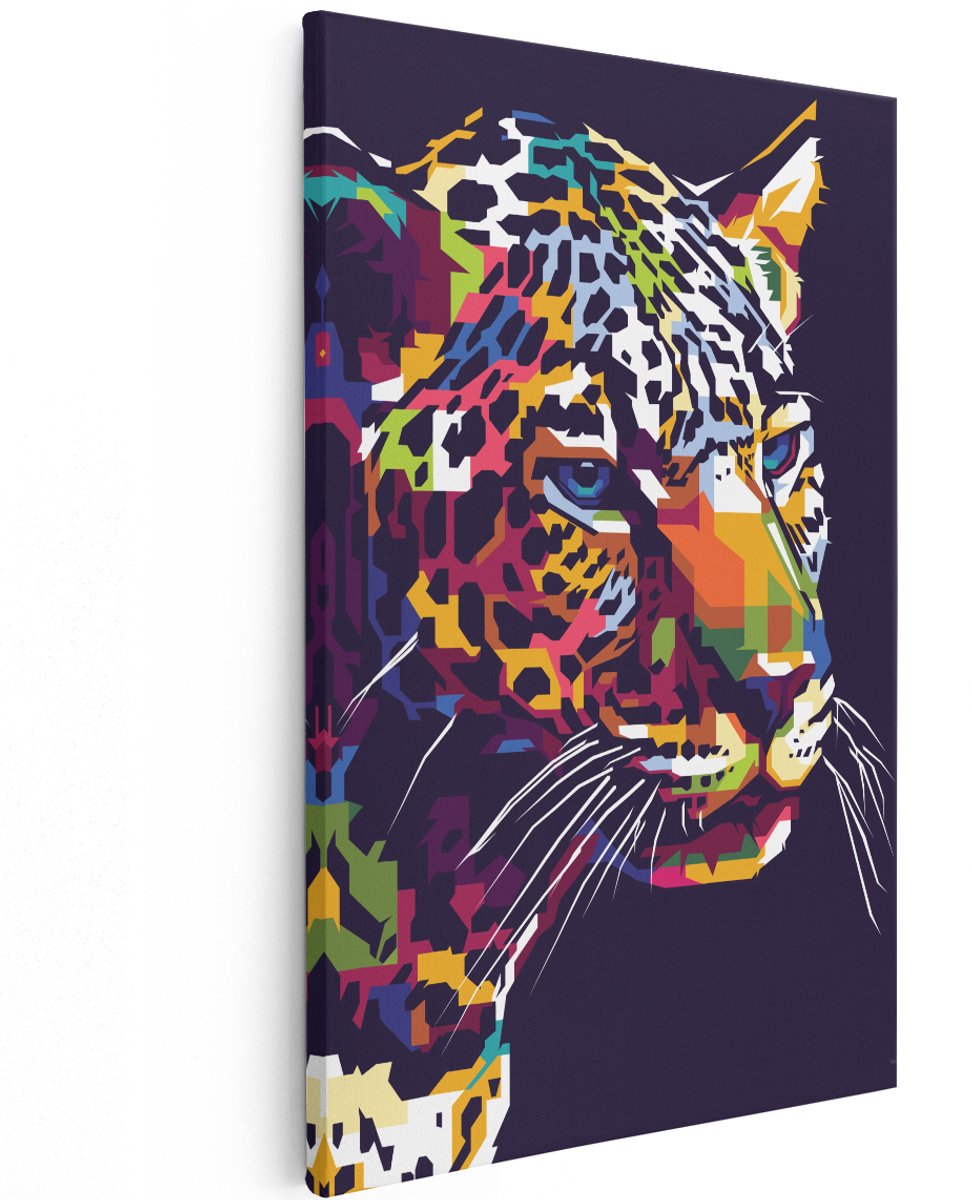 Artaza Canvas Schilderij Kleurrijke Luipaard - Abstract - 120x180 cm - Groot - Wanddecoratie Woonkamer - Schilderijen - Muurdecoratie