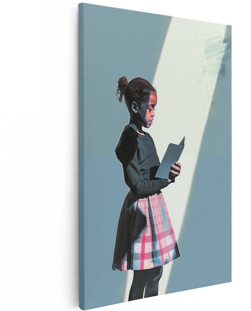 Artaza Canvas Schilderij Meisje met een Boek - 120x180 cm - Groot - Wanddecoratie Woonkamer - Schilderijen - Muurdecoratie