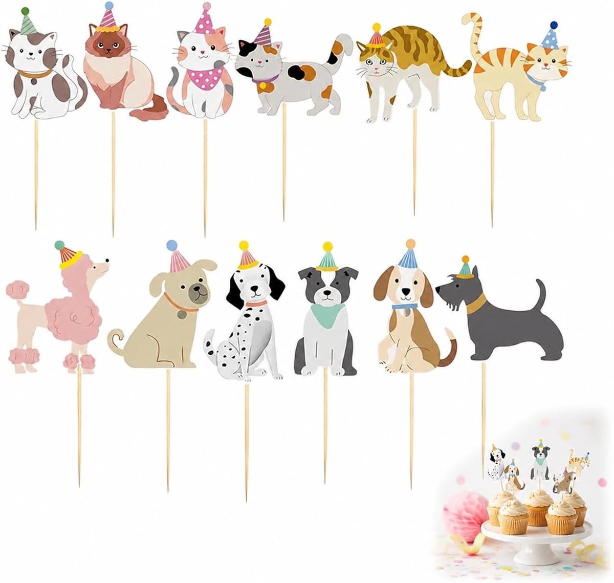 Dierenthema Cupcake Toppers - 72 Stuks Kleurvolle Papieren Cake Decoraties voor Verjaardagsfeest, Babyshower en Kinderfeestjes met 12 Ontwerpen