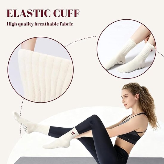 Antislip Pilatessokken voor dames - Verpakking van 2 paar - One size fits all - Antislip en zacht - Geschikt voor Pilatesapparatuur, yoga, fitness en andere oefeningen - Enkellange antislipsokken - Sokken tot halverwege de kuit met strikpatroon — afbeelding 4