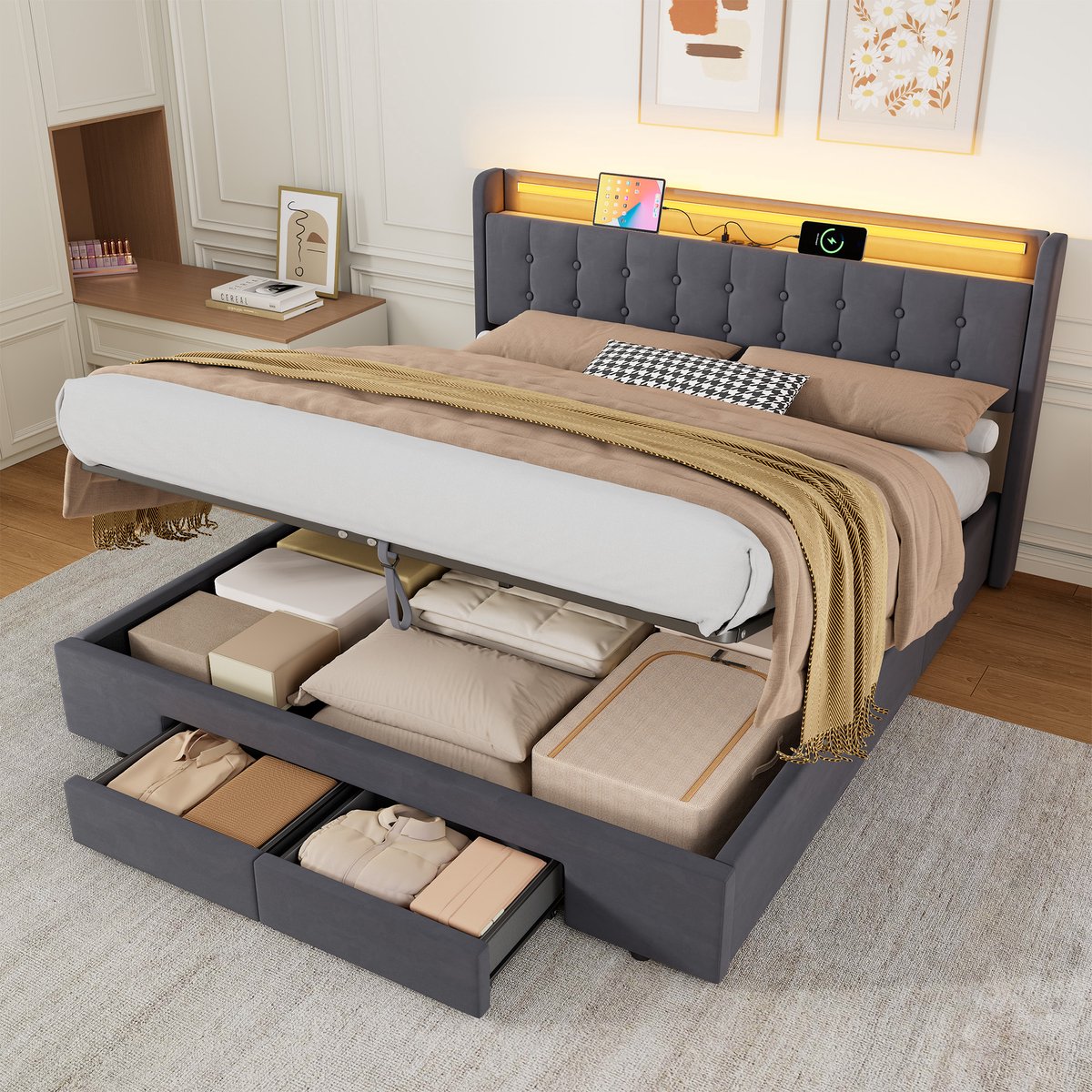 MIVRAY Bedframe – Opbergruimte En Usb Aansluiting – 180 x 200 cm – Fluweel, Metaal En Hout – Donkergrijs – Met Ledverlichting En Laden