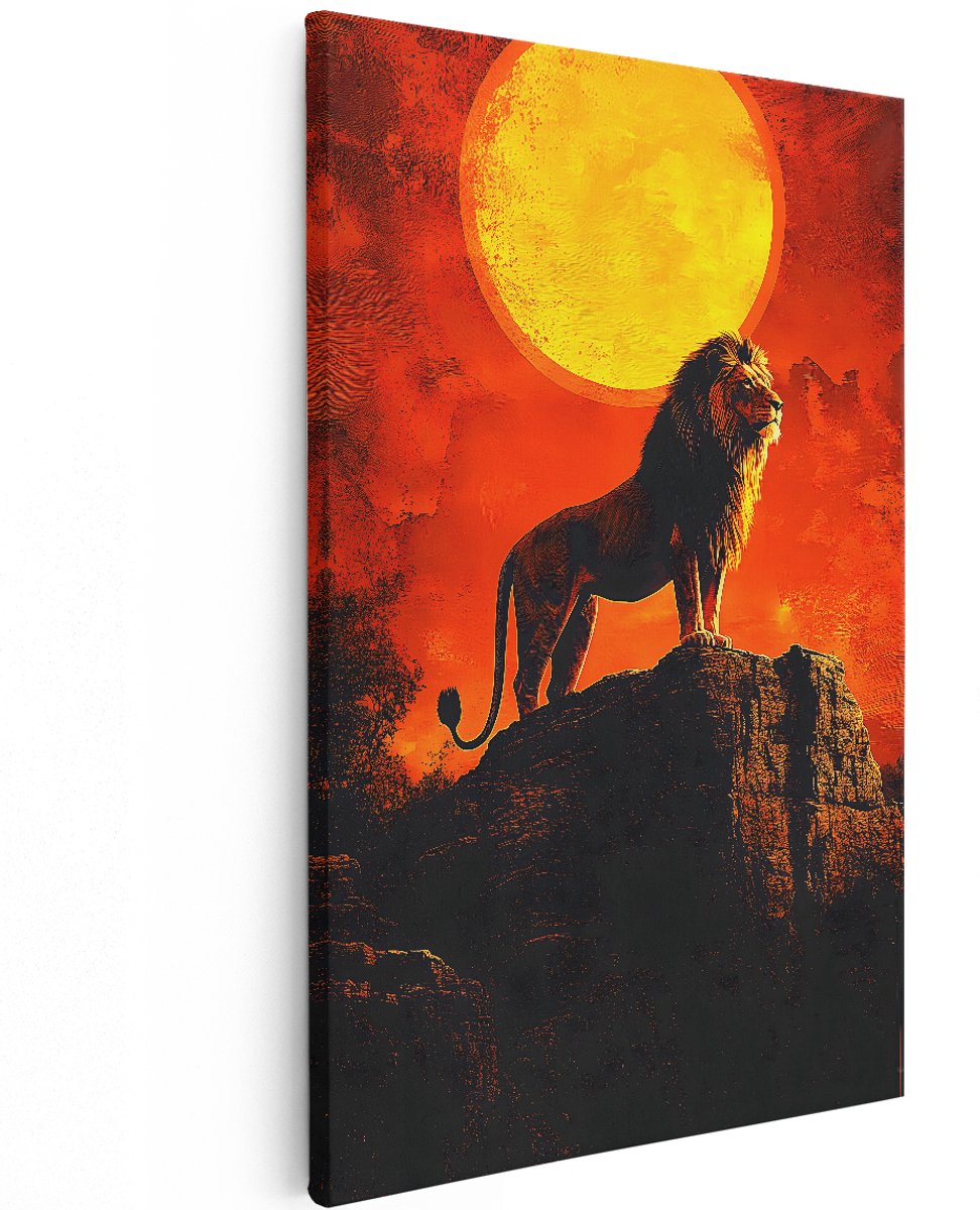 Artaza Canvas Schilderij Leeuw - 120x180 cm - Groot - Wanddecoratie Dieren - Muurdecoratie Zonsondergang - Decoratie Woonkamer - Oranje