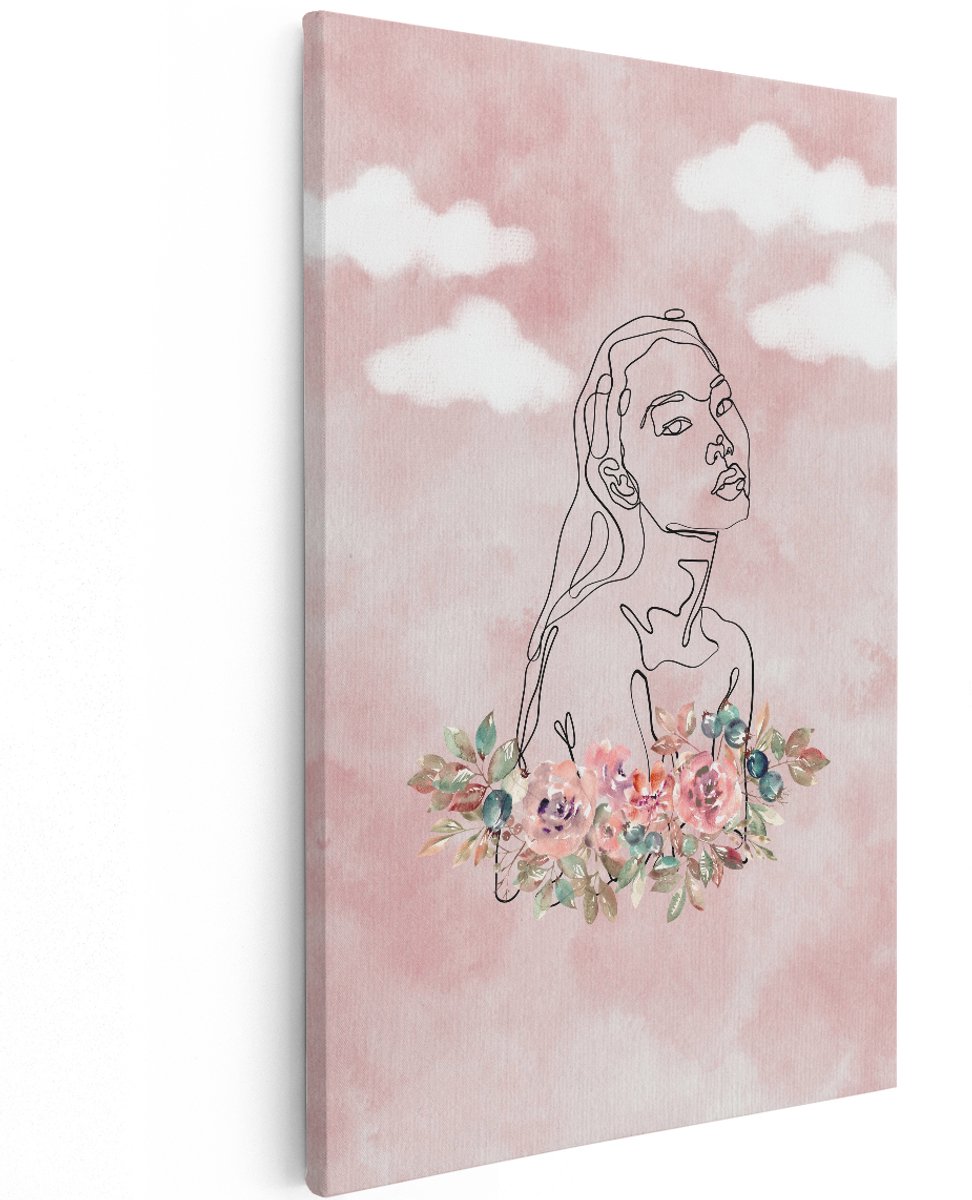 Artaza Canvas Schilderij Abstracte Vrouw - 120x180 cm - Groot - Wanddecoratie Bloemen - Muurdecoratie Boho - Decoratie Lijntekening Roze