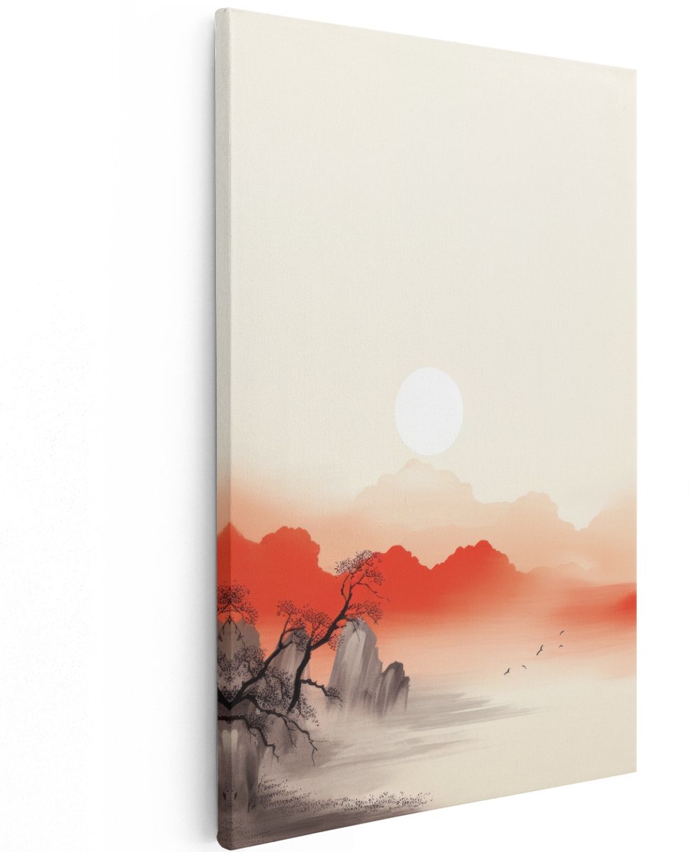 Artaza Canvas Schilderij Oosters Landschap - 120x180 cm - Groot - Wanddecoratie Japandi - Muurdecoratie Bergen - Decoratie Zonsondergang - Rood