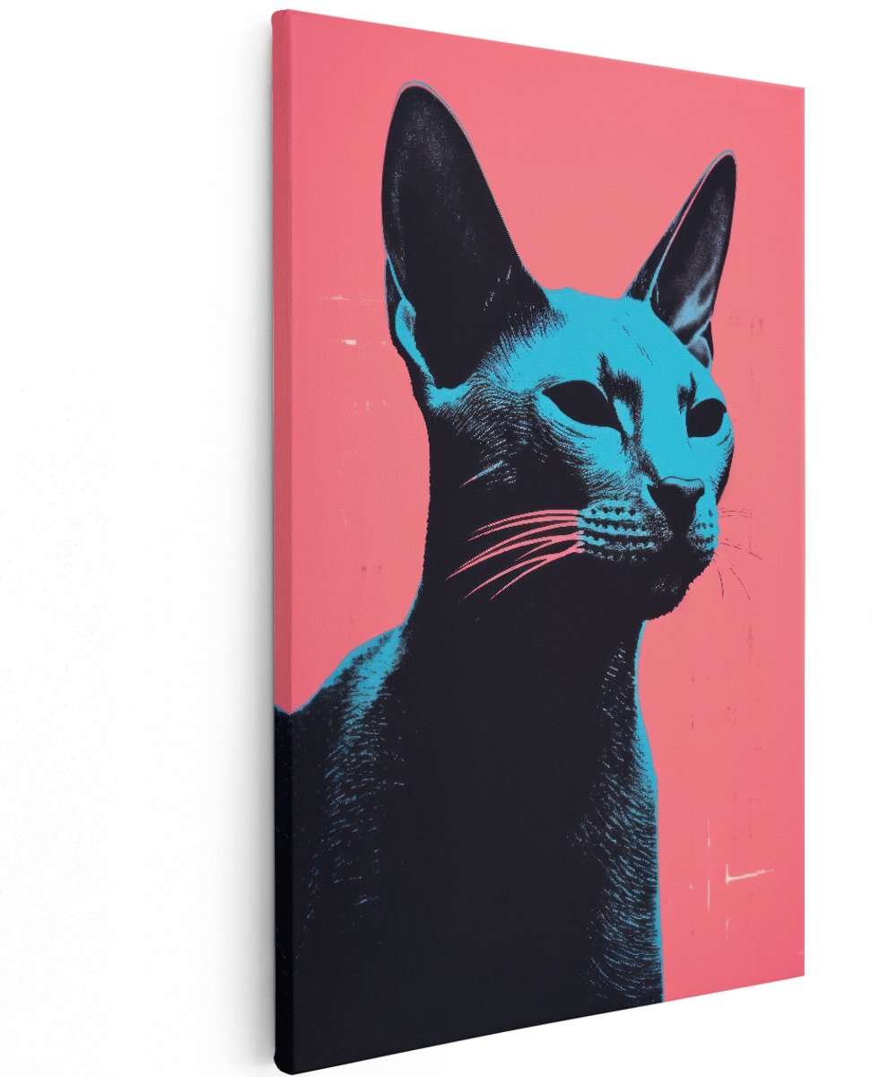 Artaza Canvas Schilderij Kat - 120x180 cm - Groot - Wanddecoratie Siamese Pop Art - Muurdecoratie Dieren - Decoratie Roze Blauw