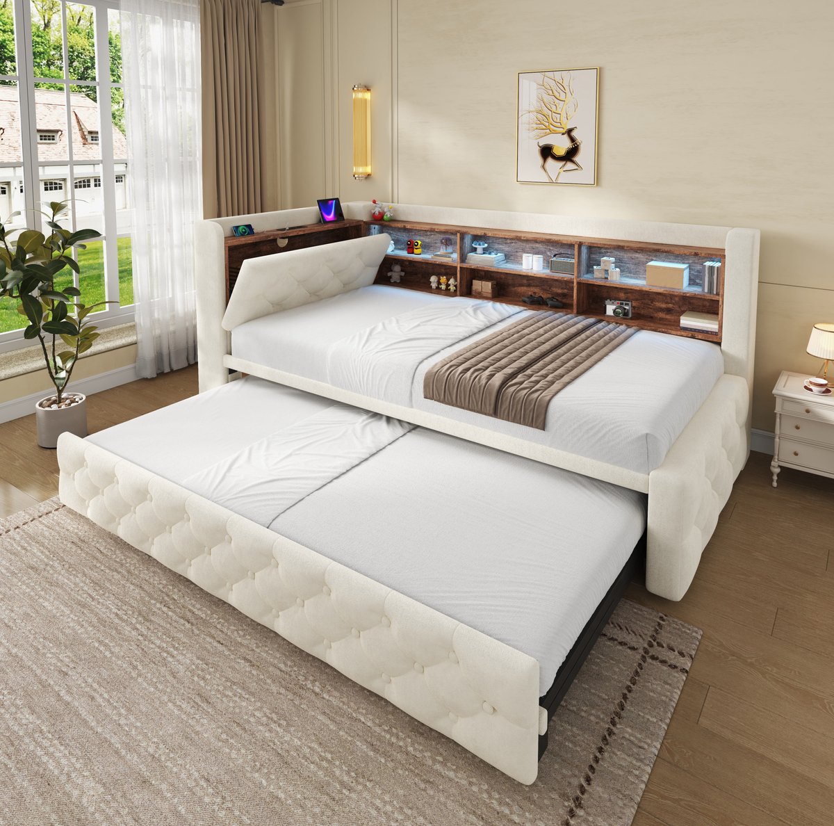 Modenuit Slaapbank 90x190 cm - Uitklapbaar Met Opbergruimte, LED, USB En Type-C - Logeerkamer - Stof - Beige