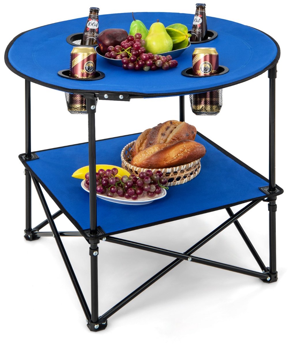 SureDeal® - Tuintafel - Laags Opvouwbare Kampeertafel - Draagtas - Bekerhouders - BBQ - Kamperen - 72x59 cm - Blauw + Zwart