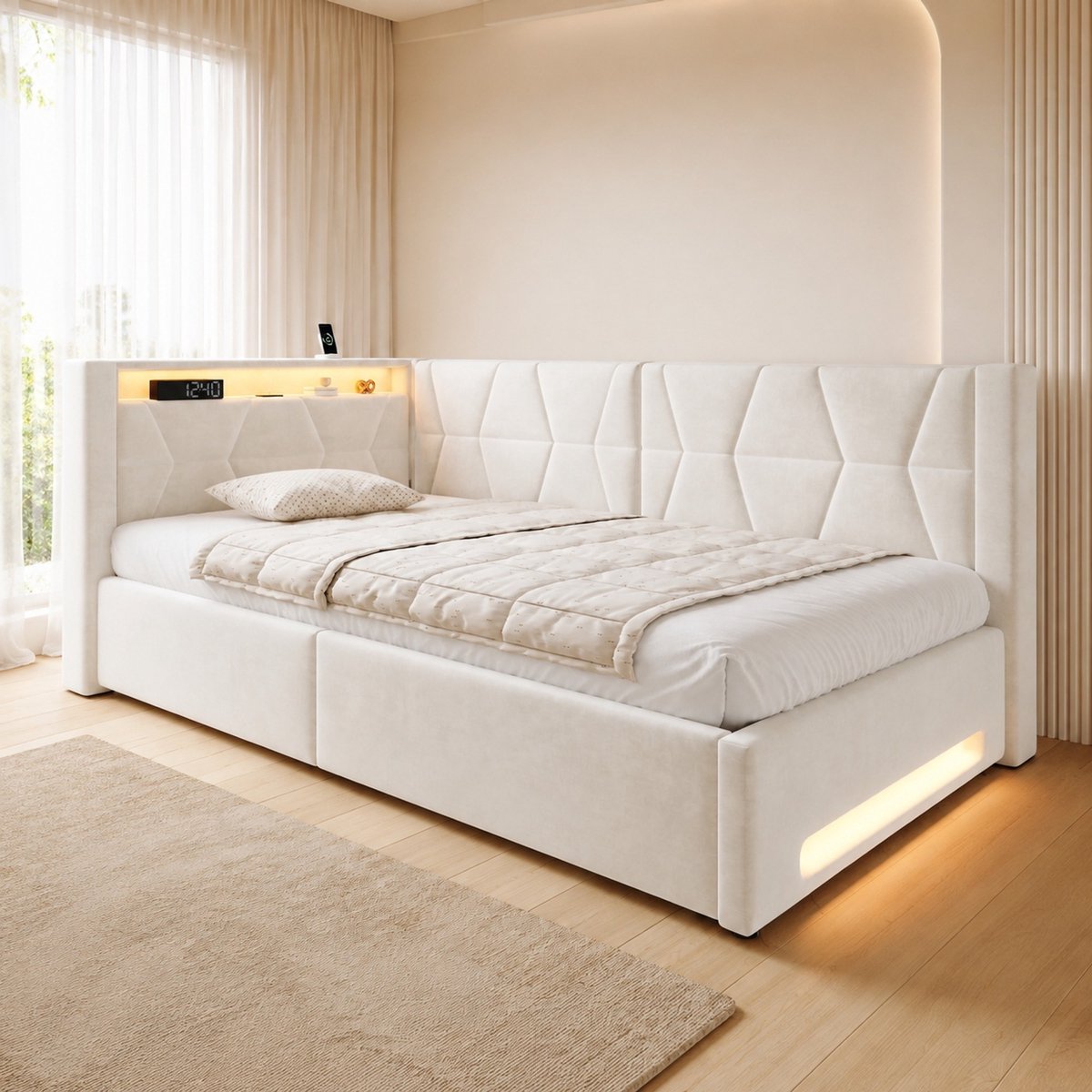 MODENUIT Polsterbed 90 x 200 Cm - Stauraumbett Met Led, Usb En Type C - Voor Slaapkamer En Jeugdkamer - Samt - Beige