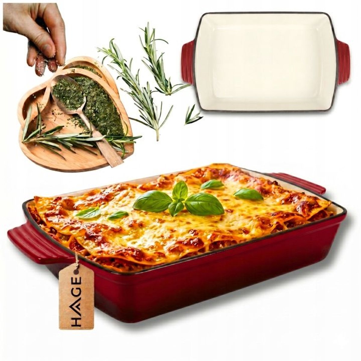 Hage - Gietijzeren Ovenschaal - Ovenschaal - Geëmailleerde Bakvorm - Voor Ovengerechten, Vlees, Taart en Ovenschotels - 3.5 Liters - 32 x 23.5 x 6 cm - Rood