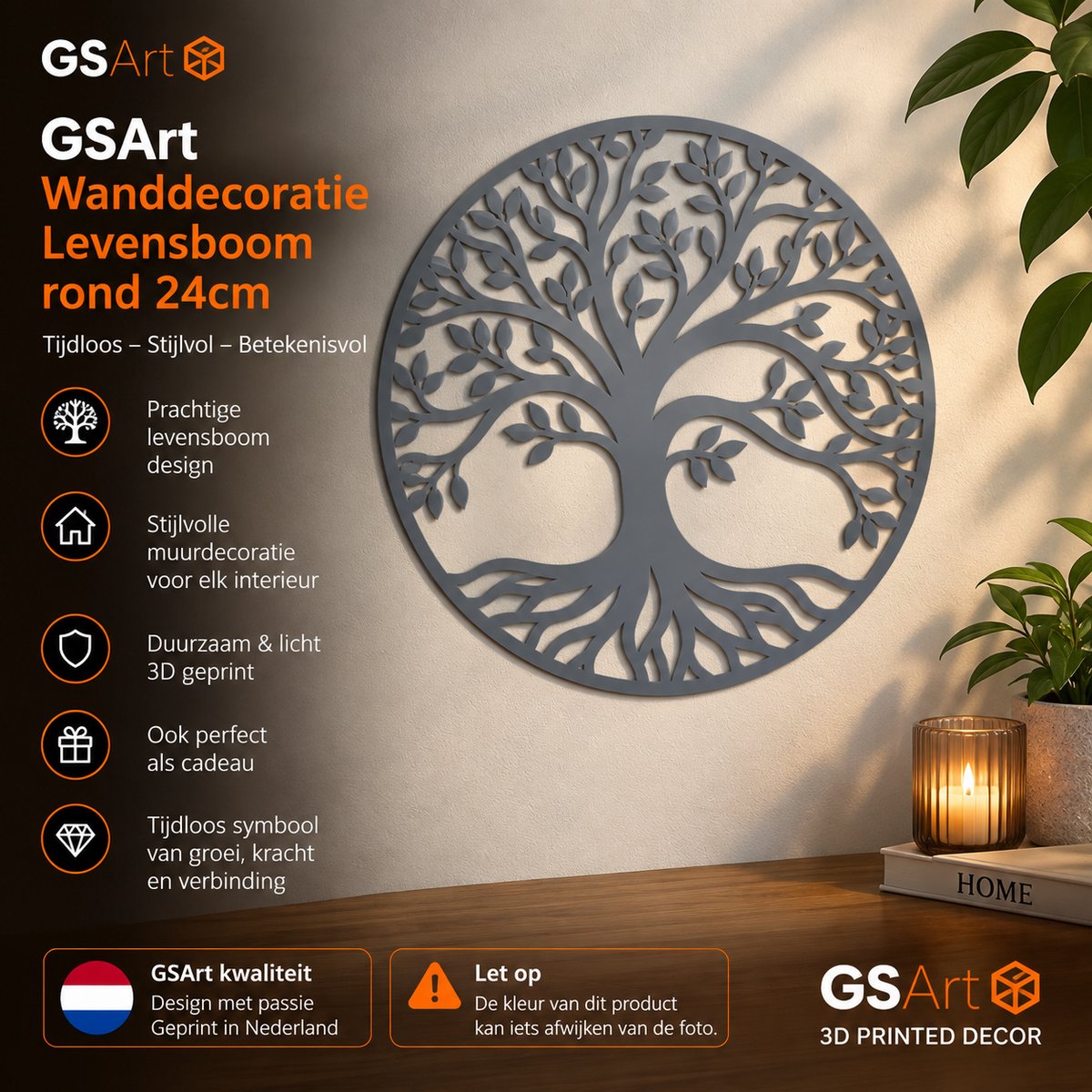 GSArt Wanddecoratie Levensboom Rond 24 cm – Muurdecoratie Tree of Life – 3D Geprint - Mat Asgrijs