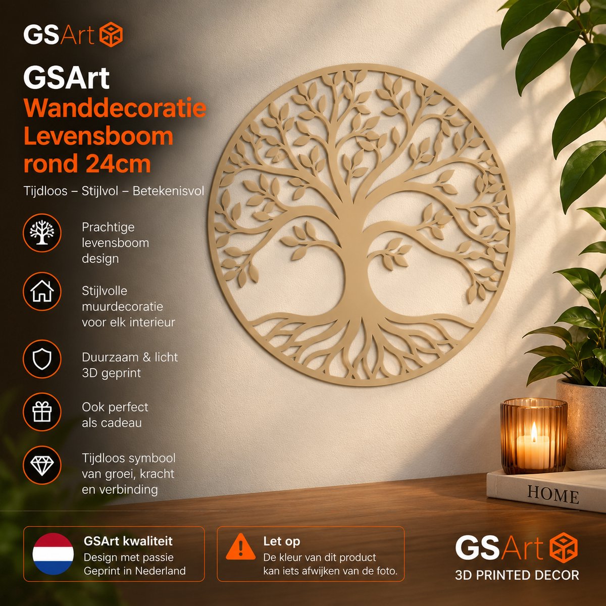 GSArt Wanddecoratie Levensboom Rond 24 cm – Muurdecoratie Tree of Life – 3D Geprint - Mat Lattebruin