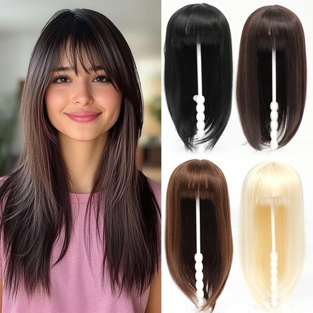 Haarstuk voor Dames, Synthetisch Haar, 45 cm, Toupet met Pony, Recht voor Dunner Wordend Haar