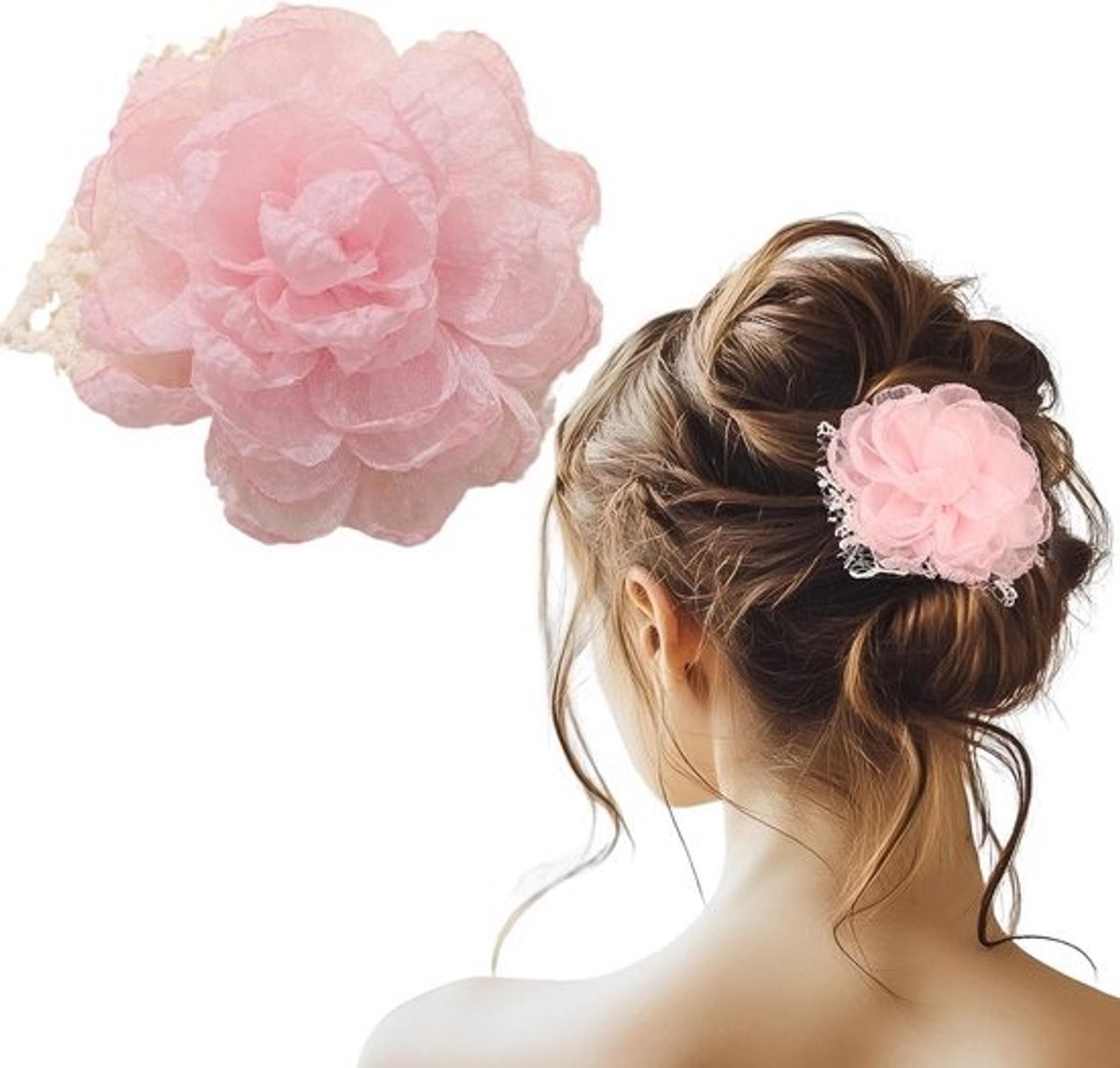 Grote Roze Bloemen Haarspeldjes met Tule en Kant - Bohemien Stijl Haaraccessoires voor Dames