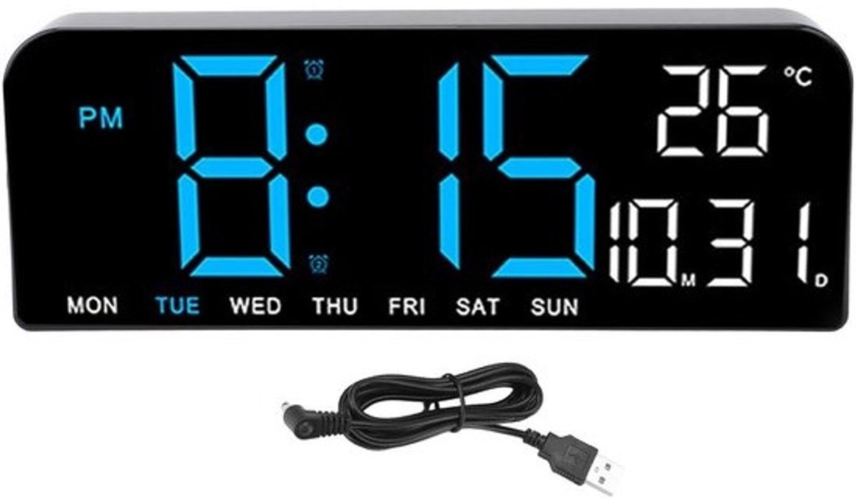 Grote Digitale LED Wekker met Snooze, Klok voor Wand of Tafel, Helderheid Instelbaar, Temp & Datum