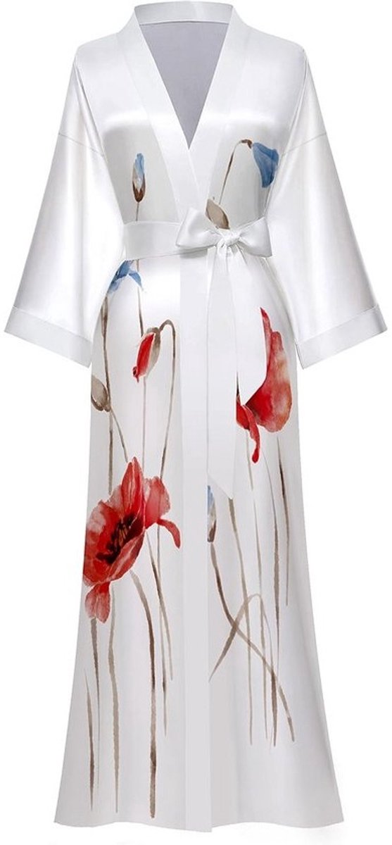 Lange Satijnen Kimono Dames met Bloemenprint - Zijdezachte Badjas