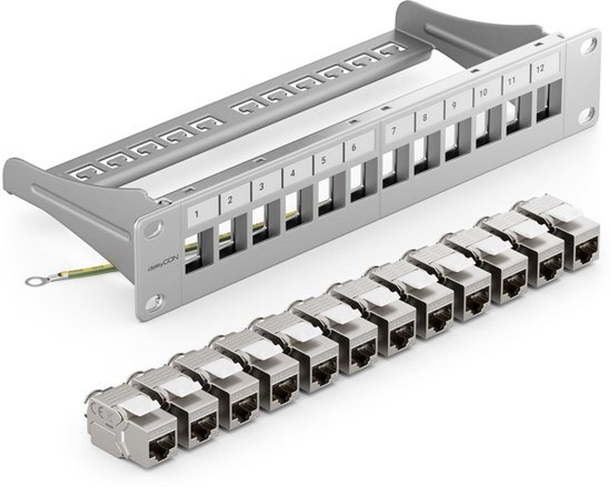 Patchpaneel 12 Poorts CAT 7 Keystone Modules Netwerk 10 Gbit/s Rackmontage GRIJS