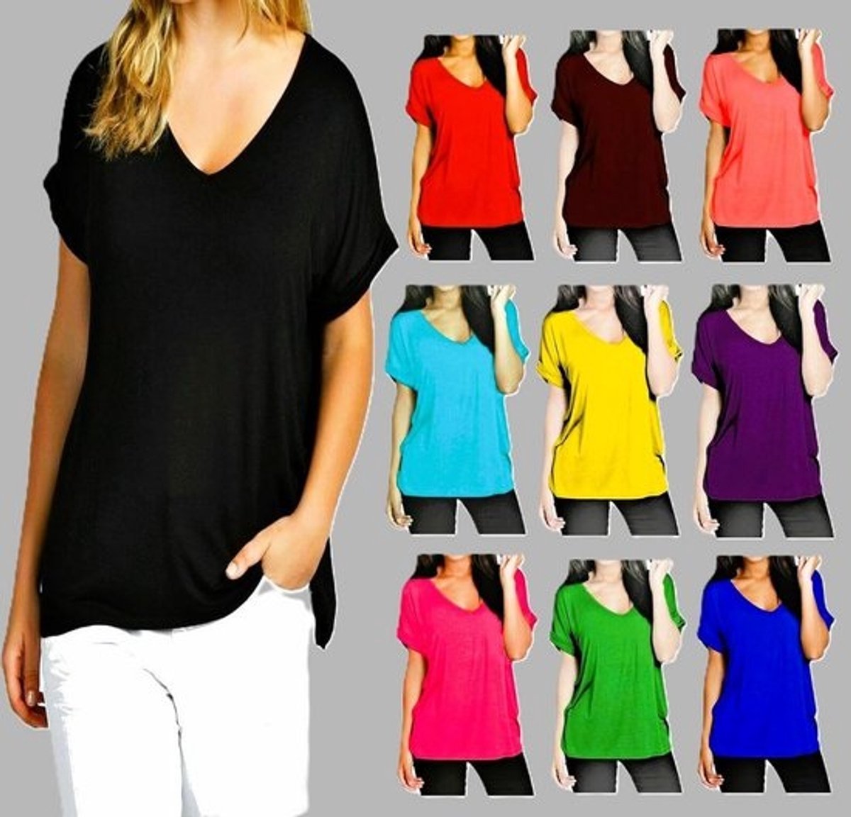 Plus Size Dames T-shirt met V-hals en Opgestikte Korte Mouwen - Losvallend Model