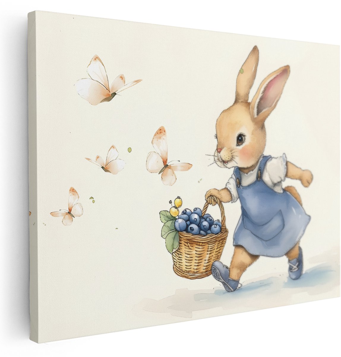 Artaza Canvas Schilderij Konijntje Met Mandje - 160x120 cm - Groot - Wanddecoratie Babykamer - Muurdecoratie Vlinders - Decoratie Kinderkamer - Kamer Accessoires