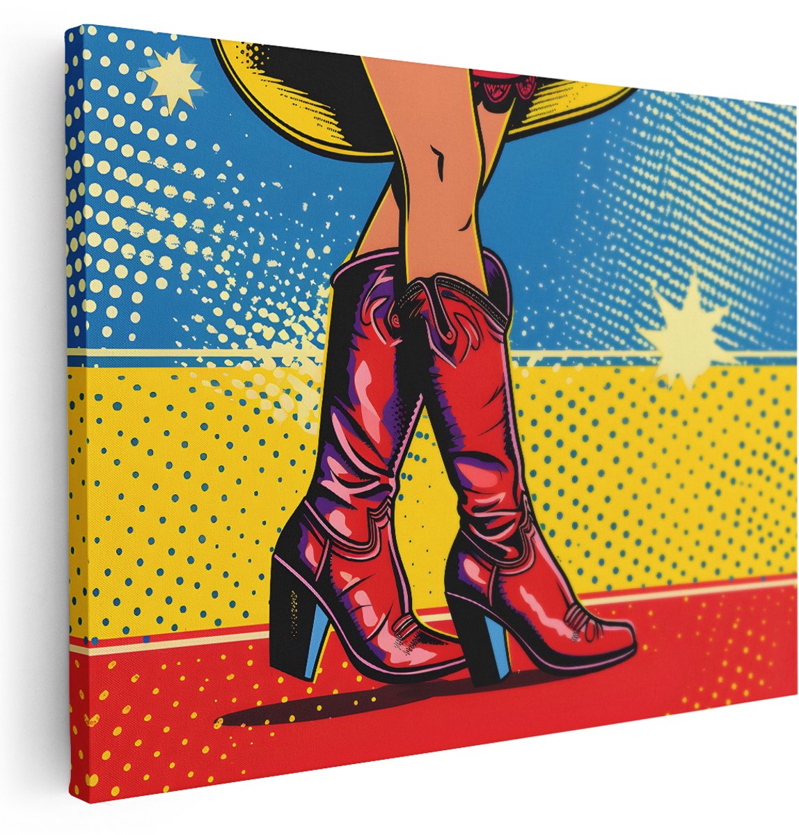 Artaza Canvas Schilderij Pop Art Vrouw - 160x120 cm - Groot - Wanddecoratie Cowboylaarzen - Muurdecoratie Retro Modern - Kamer Accessoires - Rood