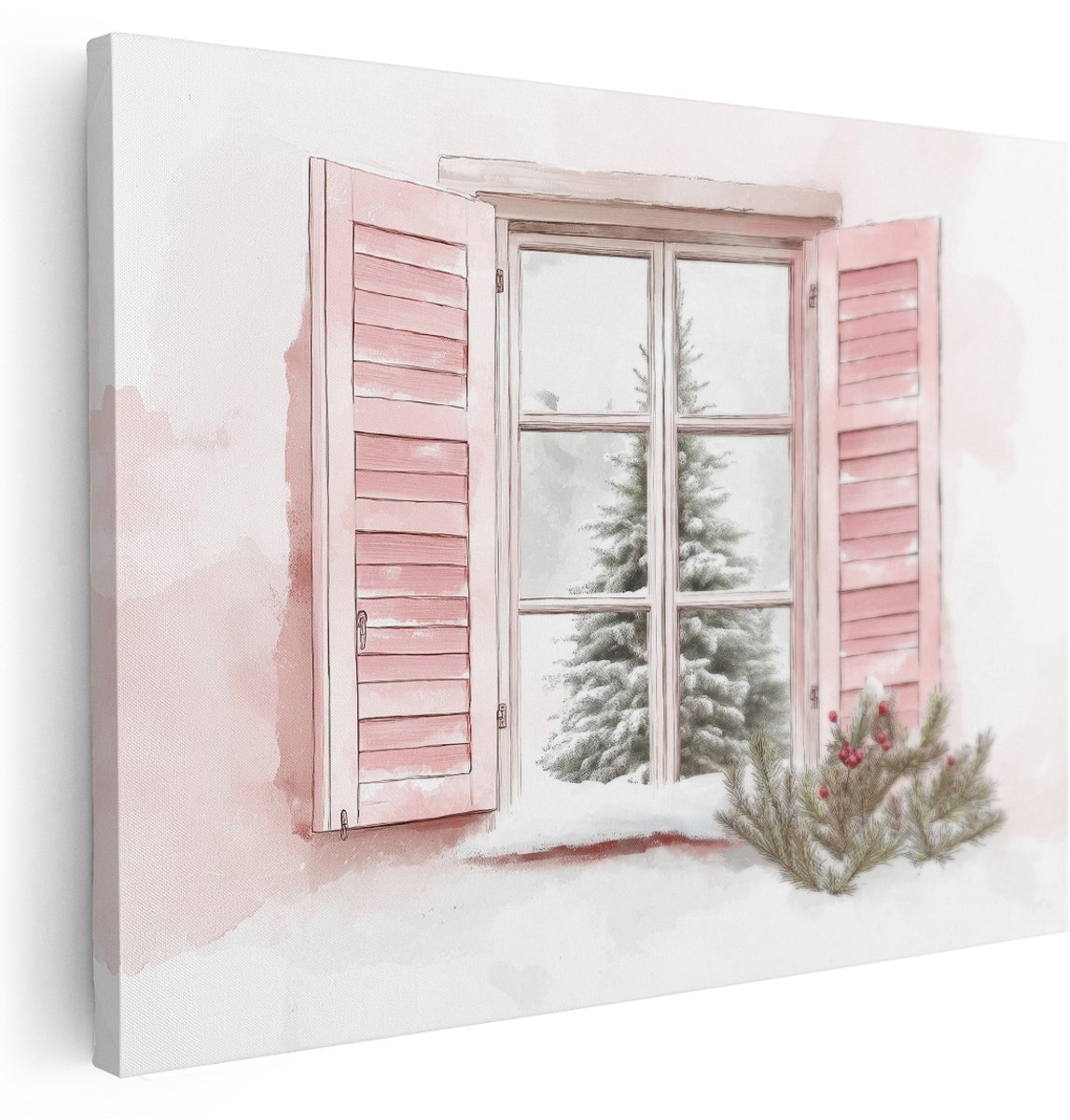 Artaza Canvas Schilderij Kerstboom - 160x120 cm - Groot - Wanddecoratie Winter - Muurdecoratie Roze Luiken - Schilderijen Op Canvas Natuur