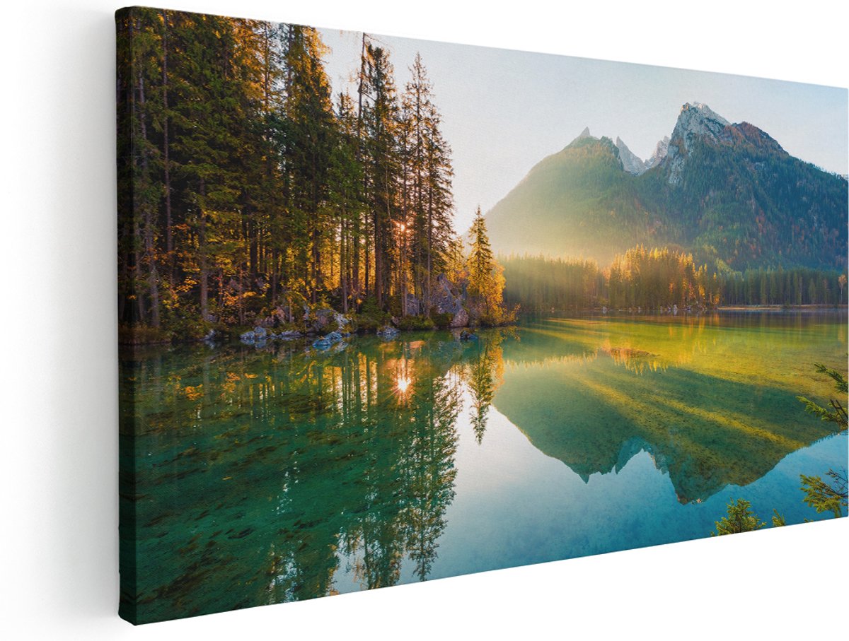 Artaza Canvas Schilderij Zonsopgang Bij Het Meer In De Herfst - 180x90 cm - Groot - Wanddecoratie Woonkamer - Schilderijen - Muurdecoratie