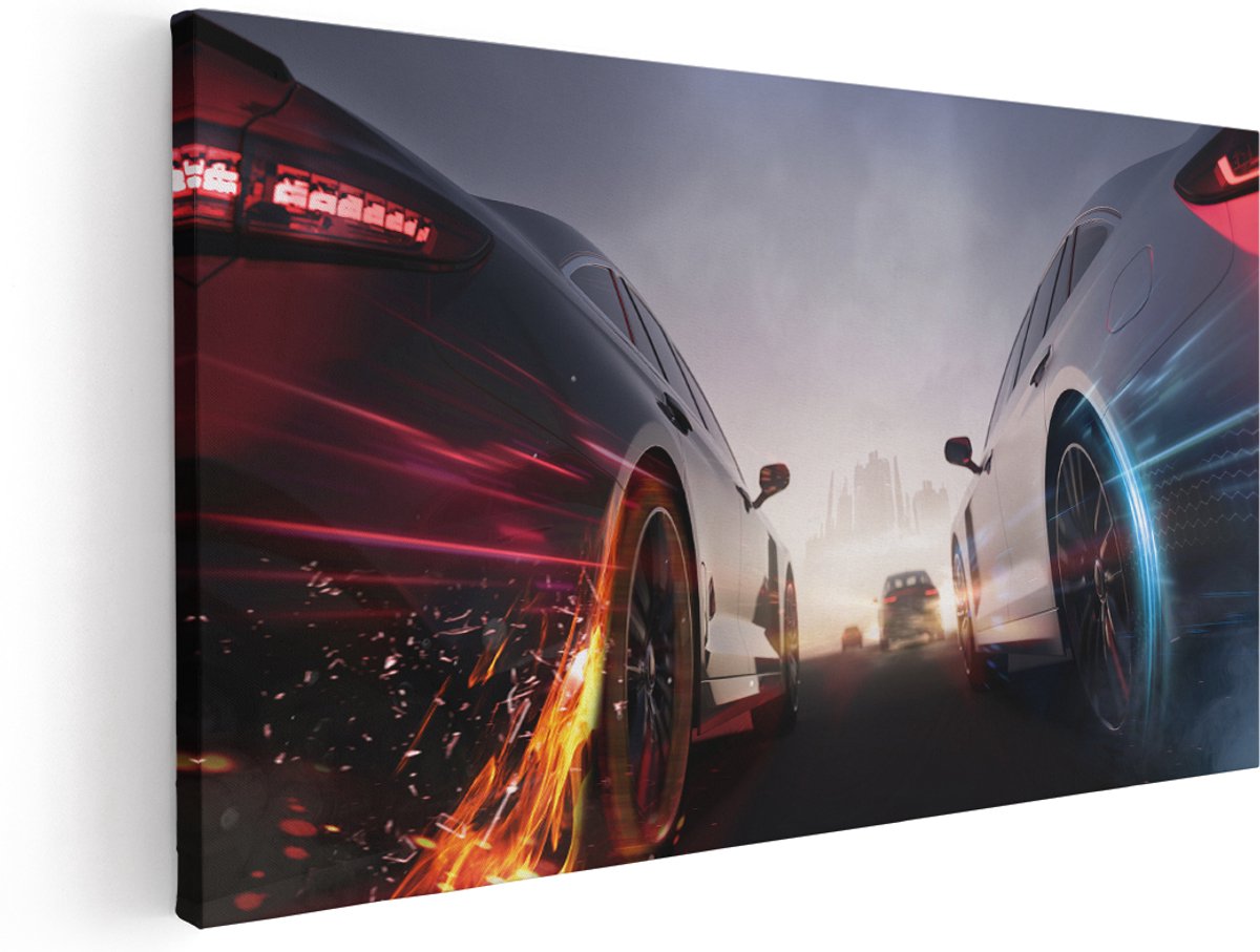 Artaza Canvas Schilderij Twee Raceauto's - Blauw Tegen Rood - 180x90 cm - Groot - Wanddecoratie Woonkamer - Schilderijen - Muurdecoratie