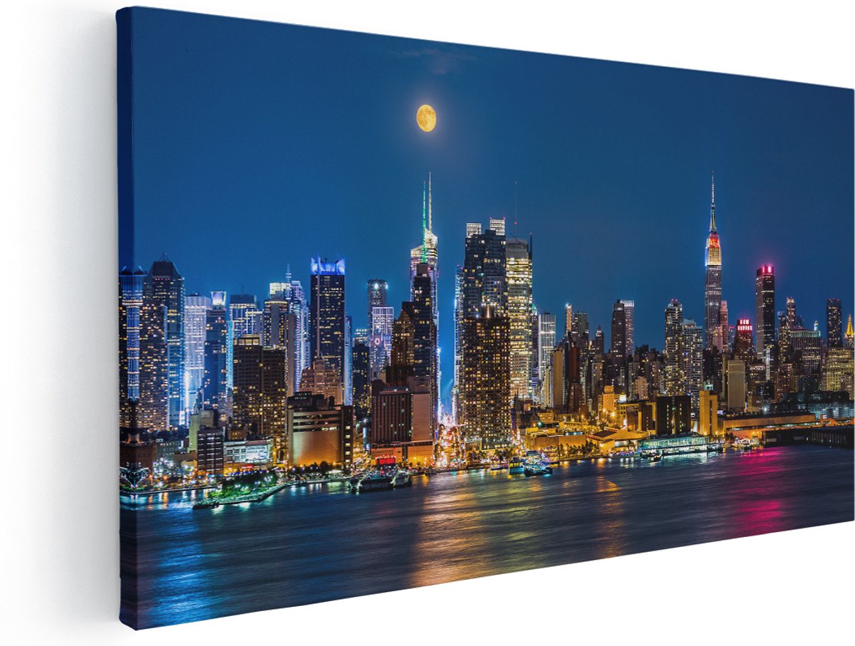 Artaza Canvas Schilderij Verlichte Skyline Van New York Met Volle Maan - 180x90 cm - Groot - Wanddecoratie Woonkamer - Schilderijen - Muurdecoratie