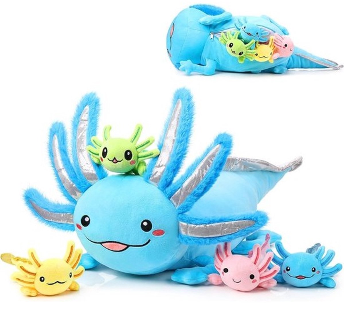 Grote set van 5 Zachte Knuffel Axolotls Blauw Moeder met 4 Kleintjes