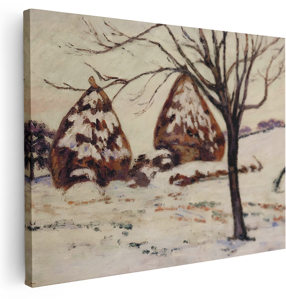 Artaza Canvas Schilderij Landschap Hooibergen - 160x120 cm - Groot - Wanddecoratie Winter Sneeuw - Muurdecoratie Impressionisme - Schilderijen Op Canvas Natuur