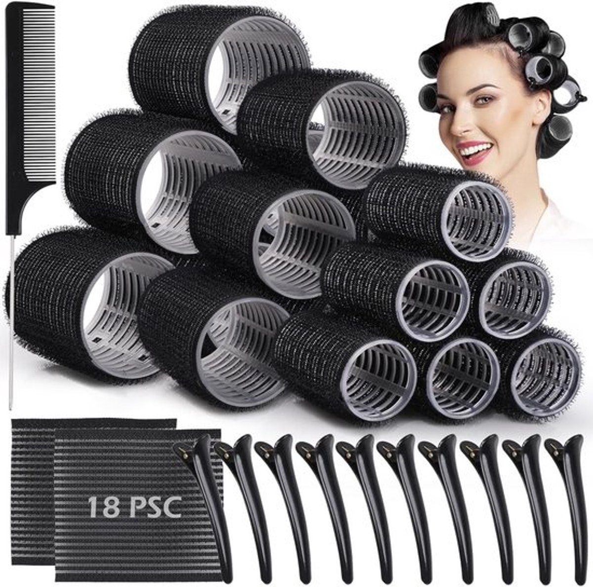 Set van 33 Zelfklevende Krulspelden voor Haarstyling - Diverse Maten met Clips en Kam
