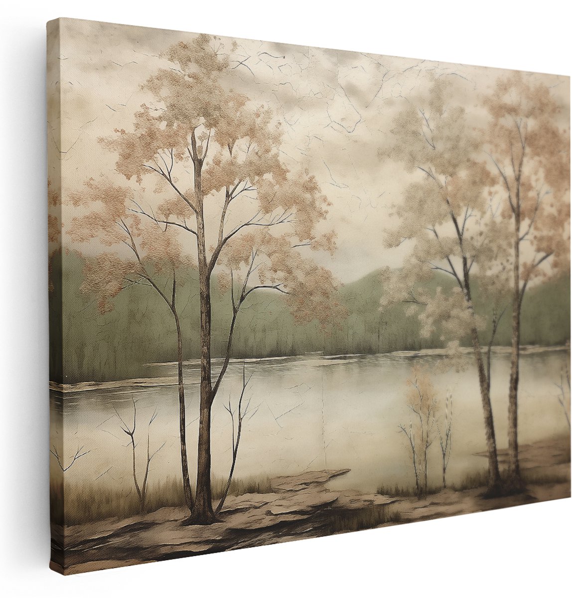 Artaza Canvas Schilderij Natuur - 160x120 cm - Groot - Wanddecoratie Landschap Meer - Muurdecoratie Bomen - Schilderijen Landelijk Vintage