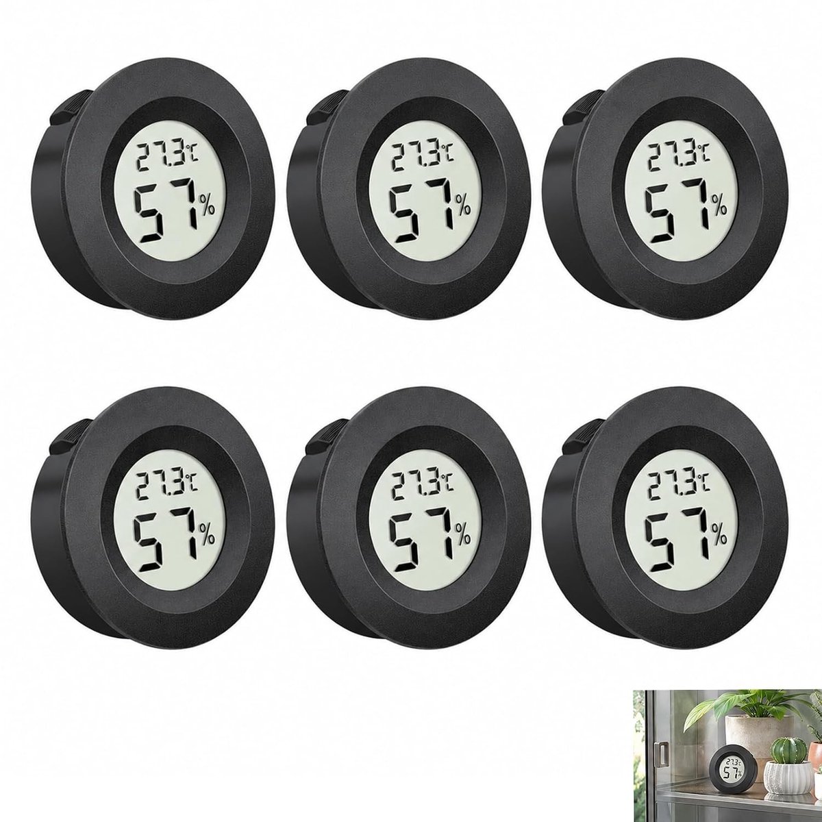 Digitale thermometer en hygrometer set van 6 stuks voor nauwkeurige temperatuur- en vochtigheidsmeting in kantoor, keuken en reptielenhouders, bereik -20 °C tot +50 °C, 10% tot 99% vochtigheid
