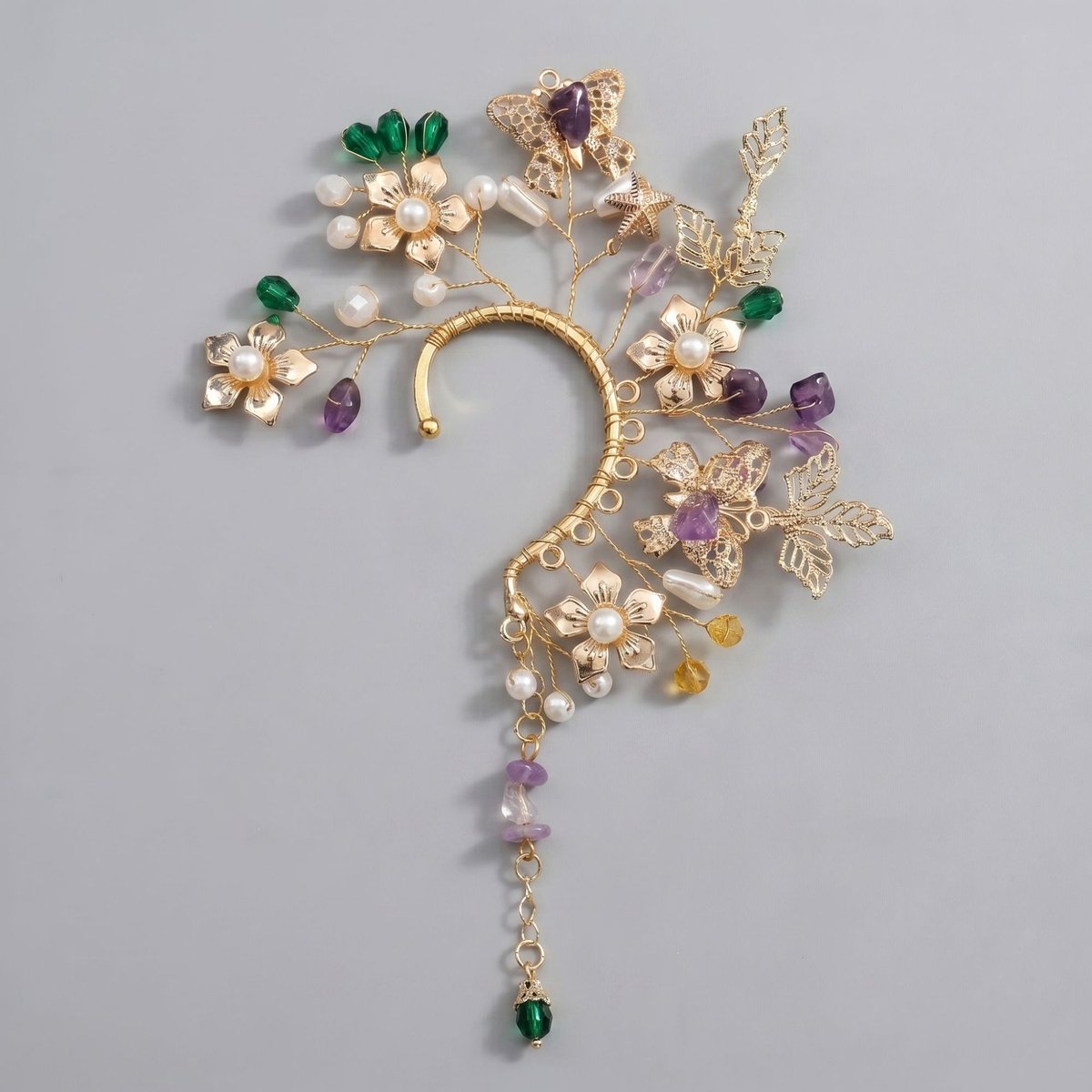Elfen Oor Cuff, Handgemaakte Bloem Blad Oorversiering, Zonder piercing oorhaak voor bruiloft en fotoshoot，Gouden datum Decoratieve oorbelhaakjes